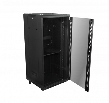 RK27-6L LINKMADE Armario Rack de Vidrio 27U con 600mm de Fondo, Turbina, PDU y Bandeja en Negro