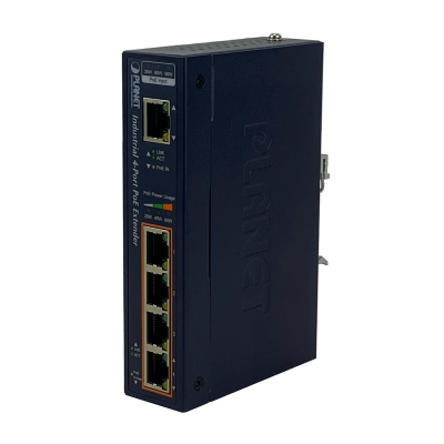 IPOE-E174 PLANET Extensor industrial para riel DIN con switch 5 puertos 10/100/1000, entrada 60W y 4 salidas PoE af/at