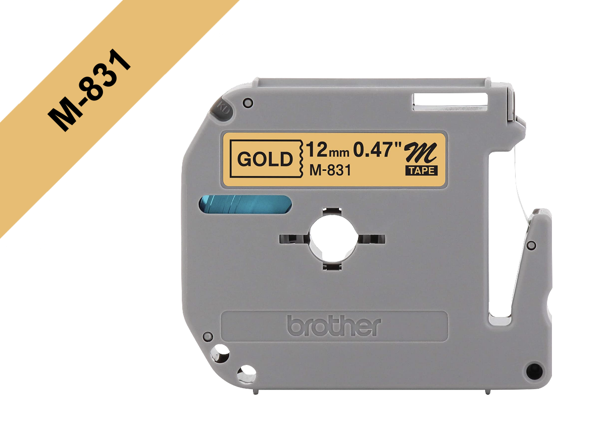 M831 BROTHER Cinta de 12mm Negra sobre Base Dorada de 8 metros para PT-90
