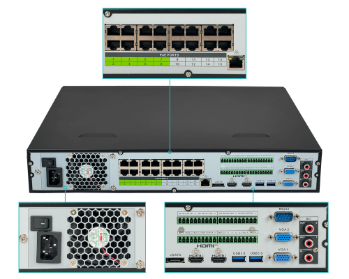 5432. DAHUA Grabador digital red 32-puertos IP 16-PoE resolución 32MP 2-salidas HDMI 2-salidas VGA puertos USB RS232 4xSATA capacidad 20TB tecnología WizSense