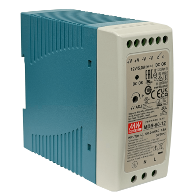 MDR-60-12 MEANWELL Fuente de Alimentación de Riel DIN 12VDC, 60W, 5A, Ajustable, Ancho 42mm