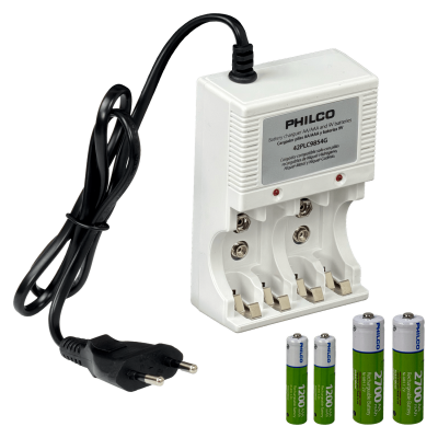 CARGADOR-9A. PHILCO Cargador 2-Pila-9V o 4-Pilas-AA/AAA inc-4-pilas Recargable