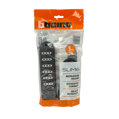 ELG-63 BTICINO 3 Metros 6-TOMAS EXTENSIÓN NEGRO 10A REGLETA INTERRUPTOR-LUMINOSO