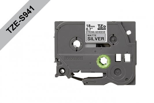 TZE-S941 BROTHER 18mm Negro en Fondo Plateado Cinta 8mt p/PT-E300/E550/D600