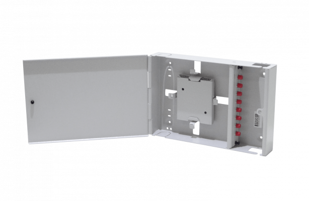 CFM-8F Caja mural cabecera gris de 30x20cm con 8 fibras FC/UPC, incluye acopladores, pigtails y manguera