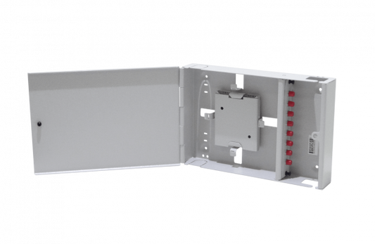 CFM-8F Caja mural cabecera gris de 30x20cm con 8 fibras FC/UPC, incluye acopladores, pigtails y manguera