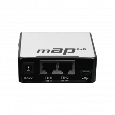RBMAP2ND MIKROTIK Punto de acceso inalámbrico L4 2.4GHz 50mW 1.2dBi 2 puertos 100Mbps 1 USB PoE-in(10-57V/af-at)-out