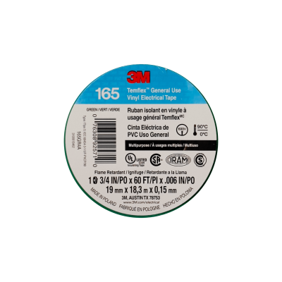TEMFLEX-18V 3M 18 metros 165 Verde Cinta Aislante Eléctrica PVC 19mm 0,15mm 600V 0-90ºC