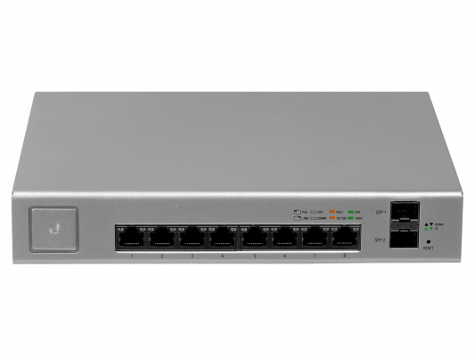 US8-150W UBIQUITI Conmutador de 8 puertos Gigabit con PoE pasivo 24V y 802.3af/at, presupuesto total 120W, 2 puertos SFP, requiere controladora UniFi