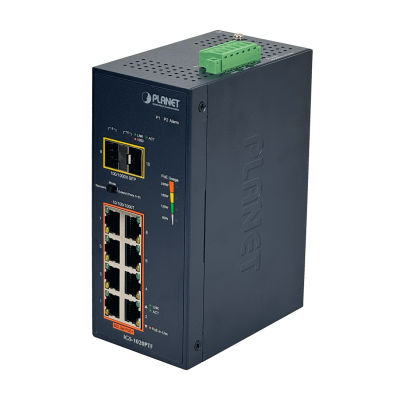 IGS-1020PTF Switch Industrial Gestionable PLANET 8 Puertos 1000 PoE+ 2 Ranuras SFP Presupuesto 240 Vatios Montaje Riel DIN Alimentación 48/54 Voltios DC
