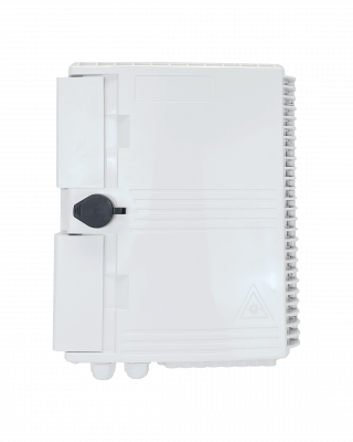 BOX-16 Caja de Fibra Óptica NAP Blanca para 16 Fusiones Rectangulares con 2 Entradas de Estopa, Grado de Protección IP65, Incluye Llave y Requiere Acopladores