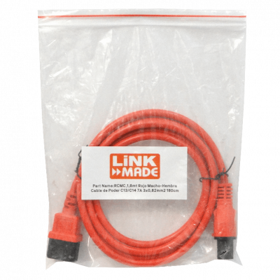 RCMC 1,8mt Rojo Macho-Hembra Conector Alimentación C13/C14 7A 3x0,82mm2 180cm