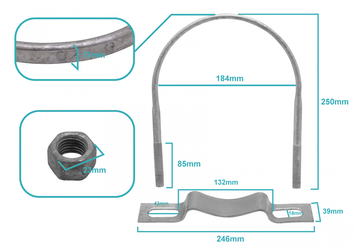 KTL0180 Abrazadera Galvanizada Rango 143-180mm para Fijación a Poste Redondo con Tuercas de 23mm