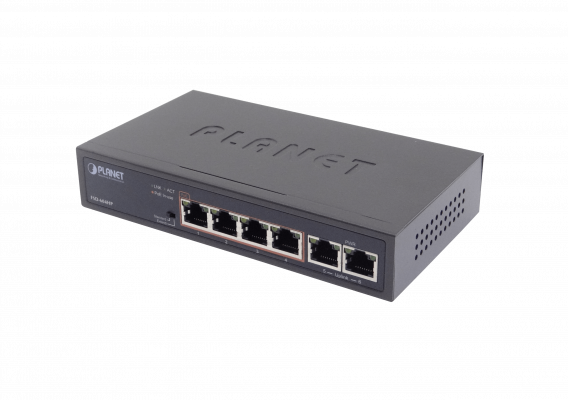 FSD-604HP PLANET Switch no administrable 6 puertos 100Mbps (4 PoE+ af/at) Extensión 250m Presupuesto total 60W No montable en rack