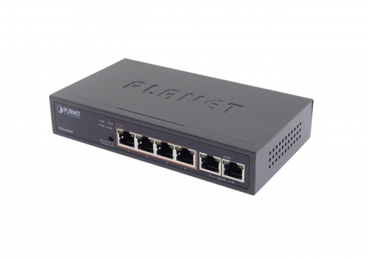FSD-604HP PLANET Switch no administrable 6 puertos 100Mbps (4 PoE+ af/at) Extensión 250m Presupuesto total 60W No montable en rack