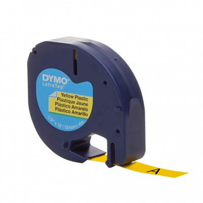 91332 DYMO Negro sobre Amarillo 12mm x 4mt Etiqueta Plastica Letratag