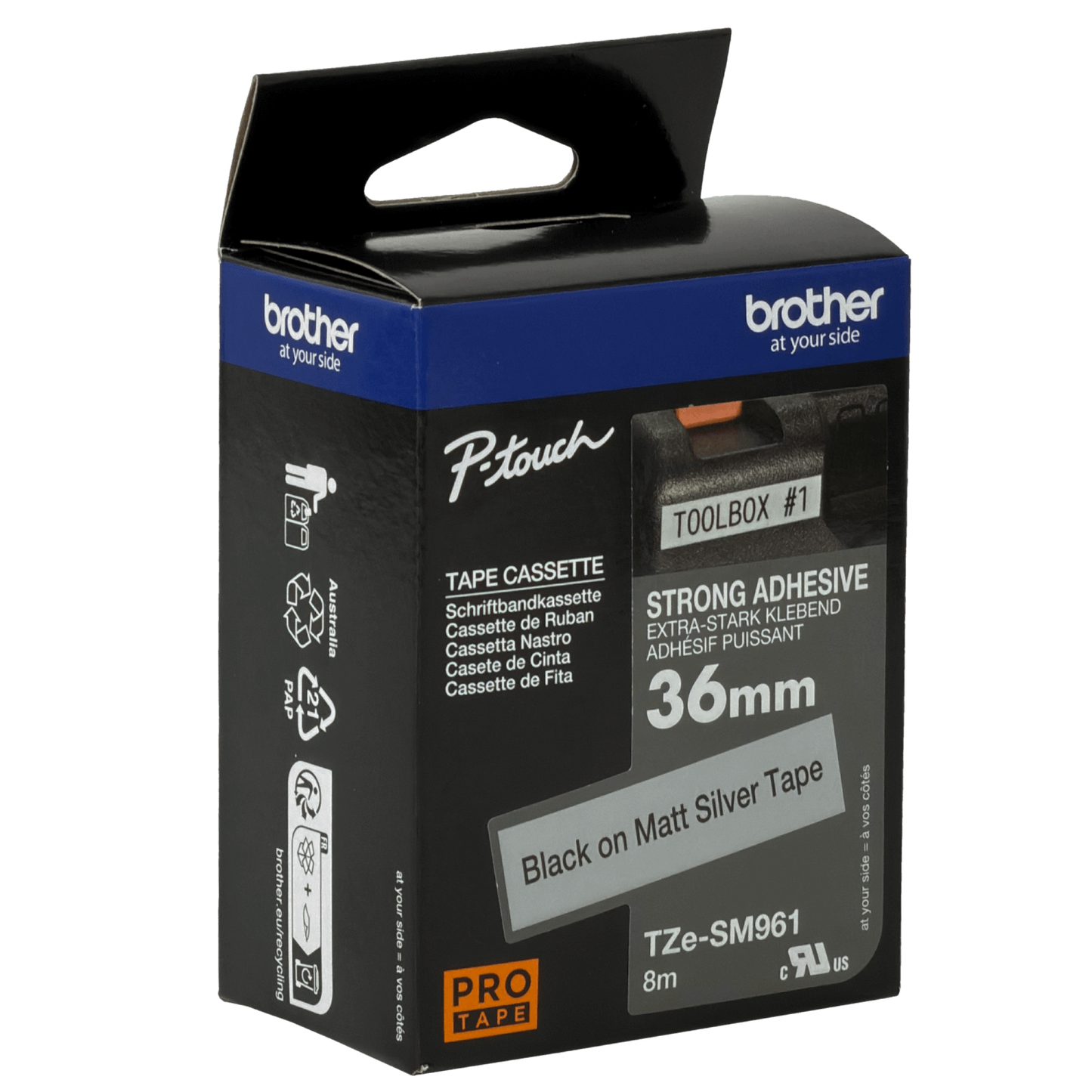 TZE-SM961 BROTHER Cinta laminada 36mm negro sobre plateado mate 8 metros para PT-P900W PT-9700PC