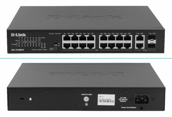 DES-1018MPV2 D-LINK 16-Puertos-100-PoE 2-SFP-Combo 250m Conmutador no-Gestionable Rack 100-240VAC C13