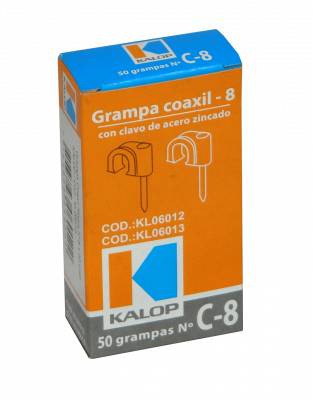 GRAMPA-C8N KALOP Paquete de 50 Grapas Tipo C8 Negras 8x8mm Clavo de 12x2mm Galvanizado Fijación para Cable Coaxial