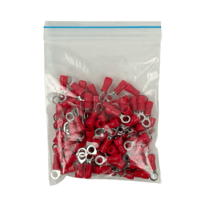 OJO-4315 Terminal Ojal de 4,3mm para cable 0,5-1,5mm², paquete de 100 unidades, conector rojo con aislamiento de PVC