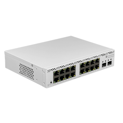 CSS318-16G-2S+IN MIKROTIK Conmutador de 16 puertos 1000Mbps, 2 ranuras SFP+ de 10Gbps, sistema SwOS Lite, montaje en bastidor, alimentación 100-240V, requiere cable C5