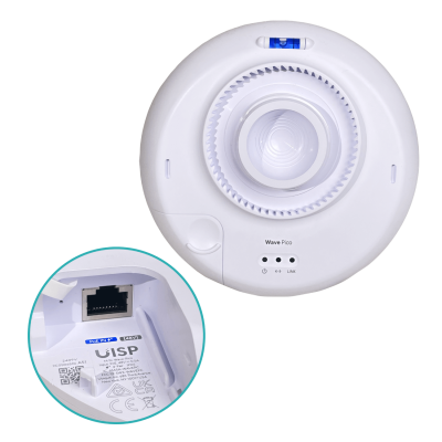 WAVE-PICO UBIQUITI Antena de radioenlace con ganancia de 28 dBi en banda de 60 GHz y 9 dBi en 5 GHz, velocidad de 1 Gbps full-dúplex, alimentación PoE pasiva de 48 V incluida, alcance de hasta 1 km, diámetro de 152 mm.