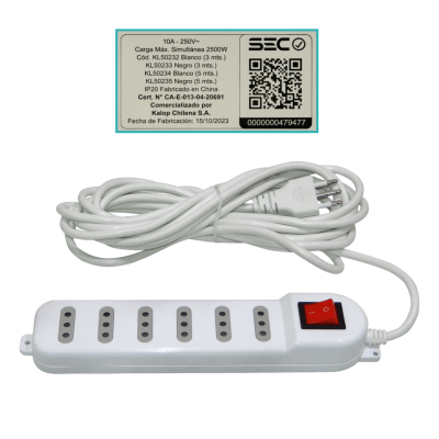 ELG-65K KALOP 5 metros 6-Tomas Prolongador Color Blanco 10A Regleta con Luz-Testigo Interruptor KL50234