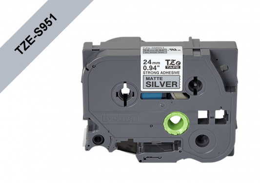 TZE-S951 BROTHER E-P 24mm Negro sobre Plateado Cinta 8 metros para PT-E550WVP/D600VP/P900W