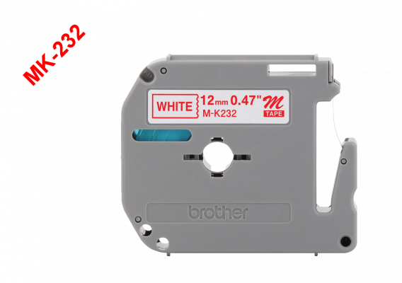 MK232 BROTHER Cartucho de Cinta de 12mm, Impresión Roja sobre Base Blanca, 8 metros para PT-90