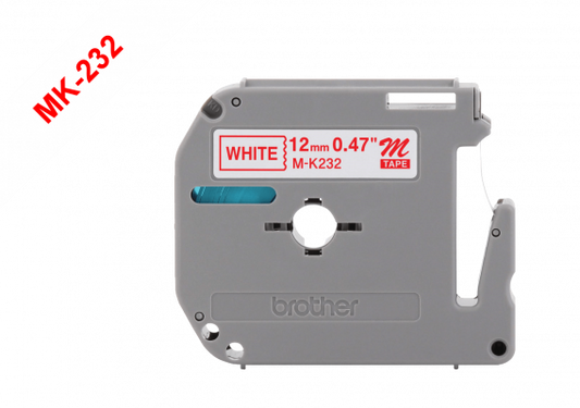 MK232 BROTHER Cartucho de Cinta de 12mm, Impresión Roja sobre Base Blanca, 8 metros para PT-90