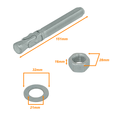 MAST-PA150 Espárrago de Fijación 150mm-Longitud 20mm-Broca 28mm-Tuerca incluye-Golilla