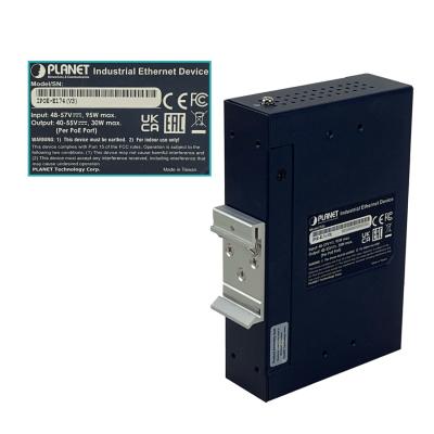 IPOE-E174 PLANET Extensor industrial para riel DIN con switch 5 puertos 10/100/1000, entrada 60W y 4 salidas PoE af/at