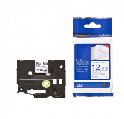 TZE-FA3 BROTHER 12mm Azul Marino sobre Cinta Textil Blanca Termoadhesiva 3m para PT-E300VP/H110