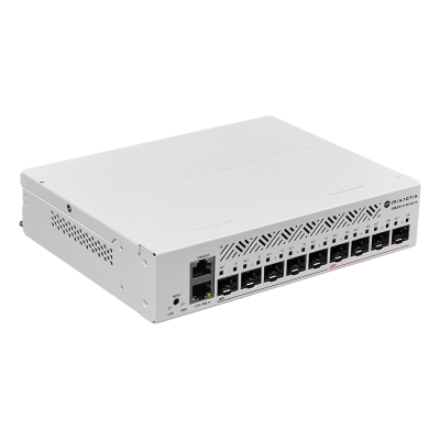 CRS310-1G-5S-4S+IN MIKROTIK Licencia nivel 5 Cinco puertos SFP Cuatro puertos SFP+ de 10 Gigabits Un puerto Gigabit Ethernet con PoE de entrada Alimentación por conector DC Incluye adaptador de 24 voltios Switch gestionable
