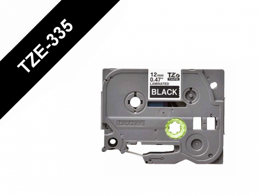 TZE-335 BROTHER 12mm Blanco sobre Fondo Negro Cinta 8mt para PT-H110/E300/E550/D600