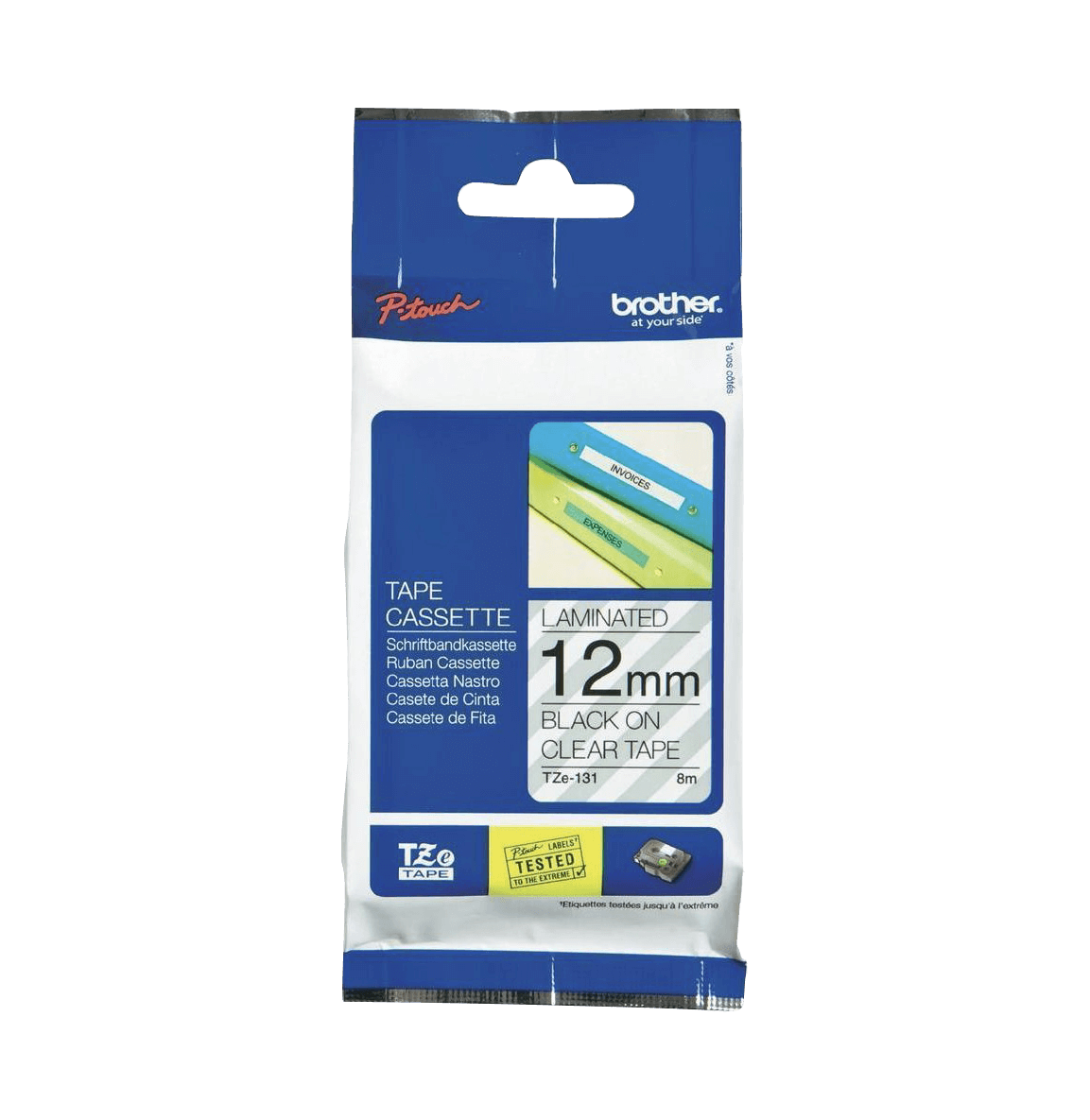 TZE-131 BROTHER 12mm Negro en Fondo Transparente Cinta 8mt p/PT-H110/9700PC