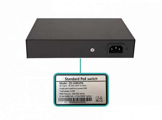 POE-SWITCH-8 Conmutador 8 Puertos 100Mbps PoE-af 2 Puertos 100Mbps 100-240VAC 125W C13 ZX-G0802FN