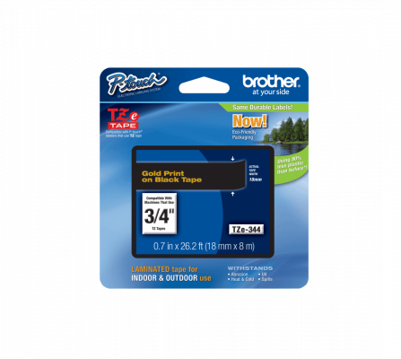 TZE-344 BROTHER 18mm Dorado sobre Negro Cinta 8 metros para PT-E300/E550/D600