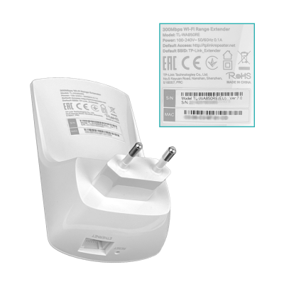 TL-WA850RE TP-LINK Extensor de Señal WiFi Interior de 300Mbps Repetidor 2,4GHz 1 Puerto 100Mbps 220V