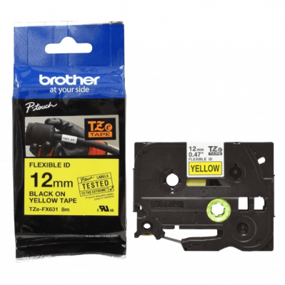 TZE-FX631 BROTHER Flexible 12mm Negro sobre Amarillo Cartucho 8m p/PT-H110 Extra-Flexible