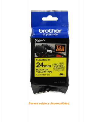 TZE-FX651 BROTHER Flex 24mm Negro en Fondo Amarillo Cinta 8mt p/PT-E550WVP/D600V