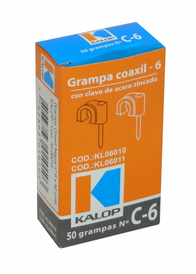 GRAMPA-C6N KALOP 50-UN C6 Negra 6x6mm Clavo-15x2mm Zincado Sujeta-Cable Coaxial