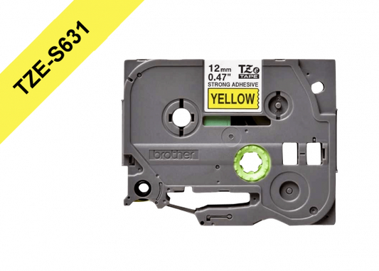 TZE-S631 BROTHER E-P 12mm Negro sobre Amarillo Cinta de 8 metros para PT-H110 Adhesivo Reforzado