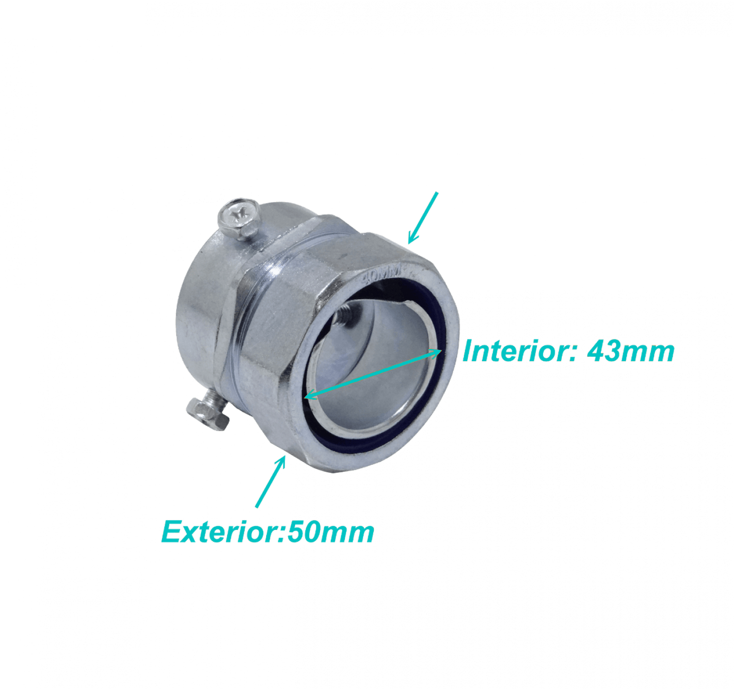 MEMT40 Adaptador metálico de unión de 40 mm para tubo EMT a conduit flexible, rango 28-43 mm a 30 mm