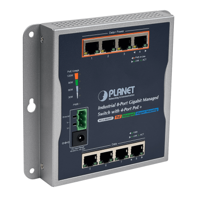 WGS-804HPT PLANET Switch Industrial Gestionable 8 Puertos Gigabit 4-PoE+ Presupuesto 120W Montaje Riel-DIN Alimentación 48/54VDC