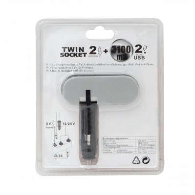 BM-003 2-Hembra-Vehículo 2-Conector-USB-Hembra-AH 5VDC 3,1A 12V/24V-Clavija-Encendedor