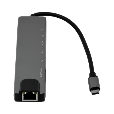 HUB-CHASE Concentrador Tipo-C con 2 puertos USB-C, 1 salida HDMI, 2 entradas USB-A, ranuras SD/microSD y conector RJ45-10/100 en carcasa de aluminio
