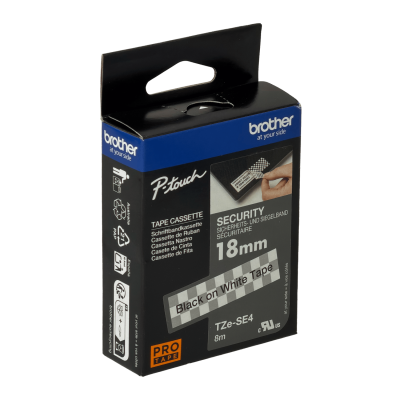 TZE-SE4 BROTHER 18mm Tamper Evident Negro en Blanco Cinta 8mt p/PT-E300VP