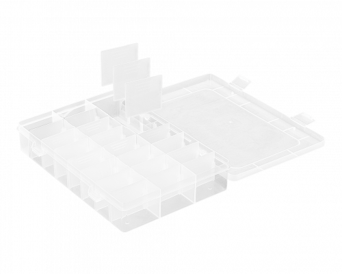 PLA-224 CAJA ORGANIZADORA TRANSPARENTE CON TAPA, 24 COMPARTIMENTOS MODULARES, 190x125x35mm