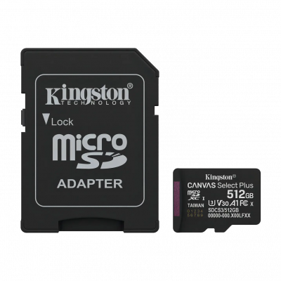MSD-512GB KINGSTON Tarjeta MicroSD 512 Gigabytes con Adaptador SD Velocidad Lectura 100MB/s Escritura 85MB/s Clase 10 UHS-I U3 V30